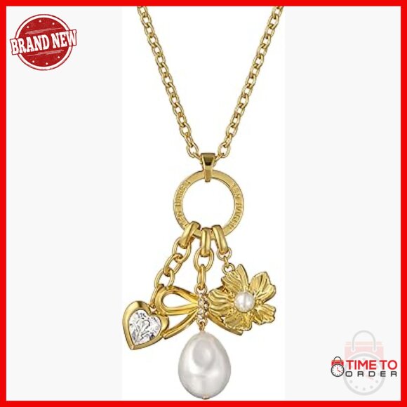 Gold-Tone Multi Pendant Necklace with Crystals and Pearls Adjustable Chain